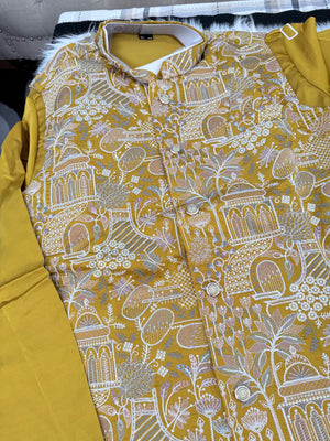 Festive Men’s 3-Piece Mustard Yellow Shade Kurta Pajama with Embroidered Sequins Jacket, Silk Ethnic Wear for Wedding & Festive, KPJ-4053
