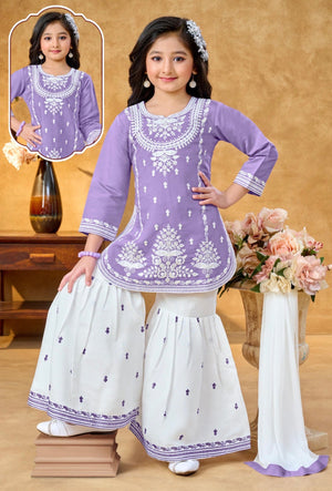 Baby Girls Lavender Embroidered Sharara Suit Set with Dupatta, White Thread Work Ethnic Outfit, GRL-2093