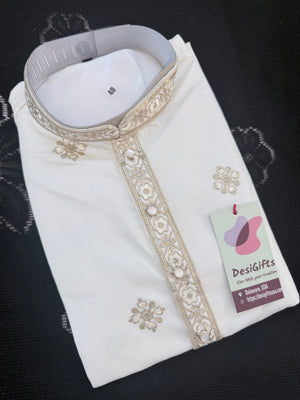 Men’s Ivory Embroidered Kurta Trouser Set | Trendy Kurta Pajama Set with Gold Embroidery | Wedding & Festive Wear, KP - 4027