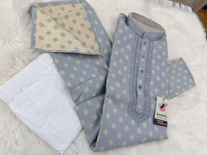 Men's Gray Jacquard Silk Kurta Pajama Set | Gold Floral Motifs | Indian Wedding, Eid & Diwali Festive Wear, KP-4086