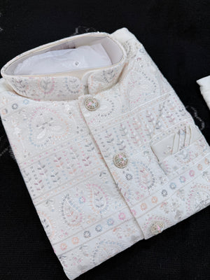 Elegant Men’s 3-Piece Kurta Pajama with Embroidered Sequins Jacket, Ivory Cream Satin Silk Blend Ethnic Wear for Wedding & Festive, KPJ-3062