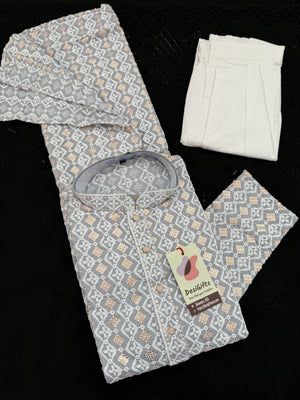 Gray Shade Men's Kurta Pajama set with Embroidery and Sequins. Two-piece Indian traditional outfit., KP - 2026