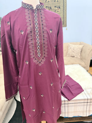 Men’s Wine Embroidered Kurta Pajama Set with Jacket, 3-Piece Indian Ethnic Outfit, Festive Wedding Wear, KPS - 3007