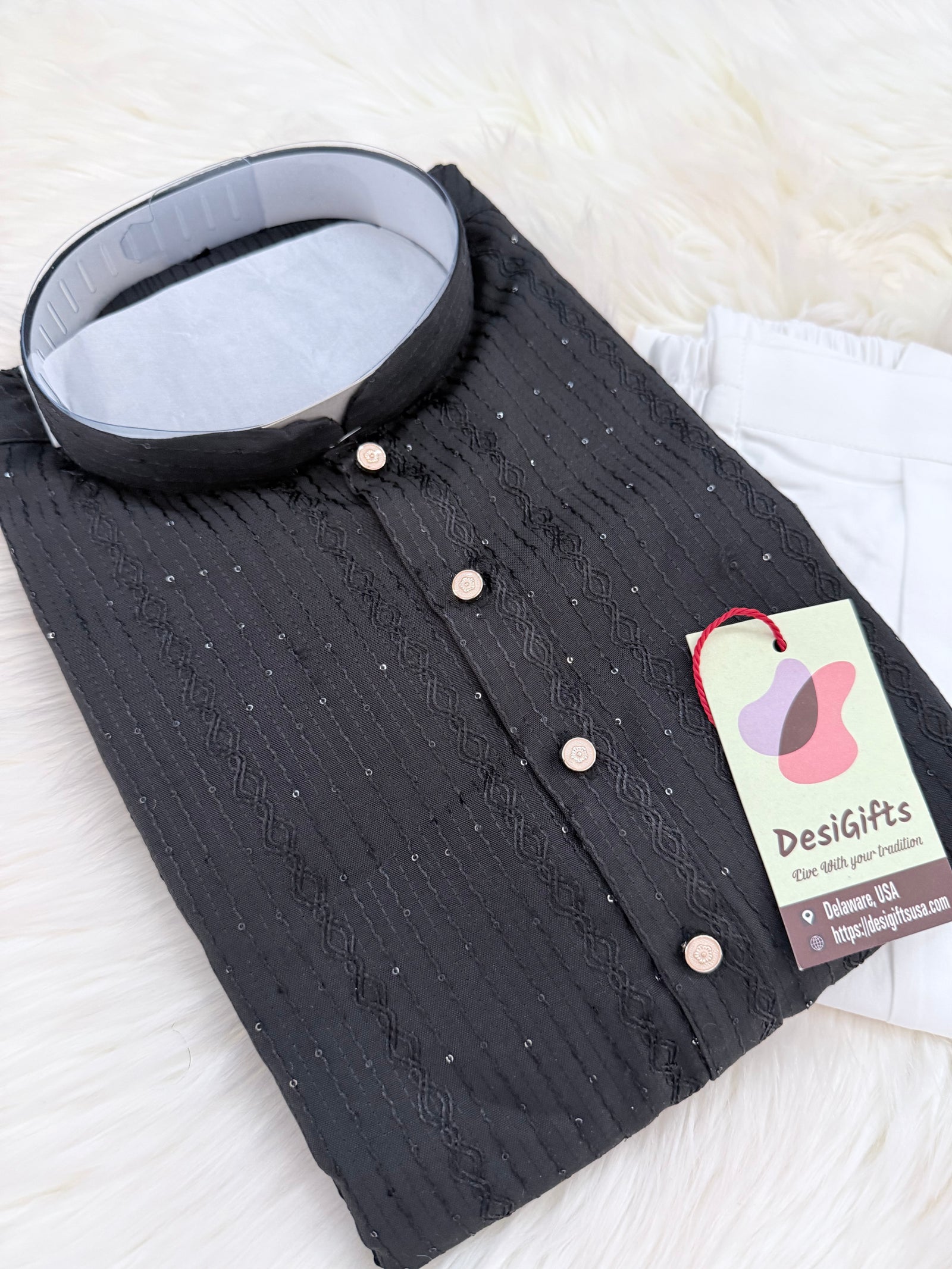 Men’s Black Sequins Embroidered Kurta Pajama Set – Indian Wedding & Partywear Traditional 2PC Outfit, Size 58 , 5XL, KP-2023