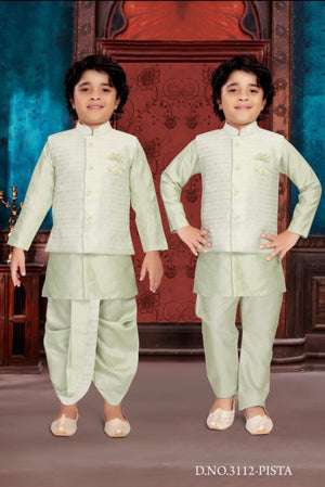 Green Shade 4 Piece Boy's Cotton  Silk Ethnic Kurta with Jacket, Dhoti and Pajama- Design B-2005