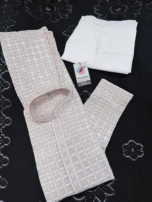 Men's Kurta Pajama set with Embroidery and Sequins in Light Beige Shade. Two-piece Indian traditional outfit., KP - 1424