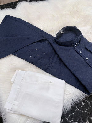 Men & Boys Navy Rayon Chikankari with Sequins Kurta Pajama Set | Matching Father Son Festive Outfit with Sequin Work, DM -2077