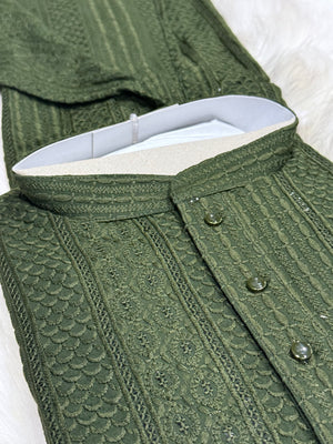 Exquisite Chikankari Sequins 2 Piece Kurta Pajama Set for Man, Dark Green Shade, Embroidered Party Man's Wear, KP - 1939