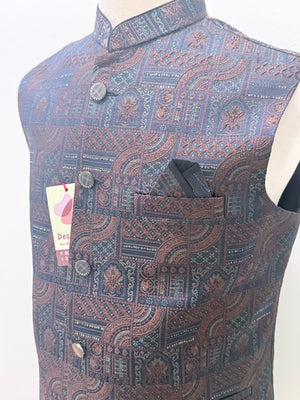 Men’s Navy Blue Brocade Nehru Jacket – Multicolor Woven Design Indian Wedding Waistcoat, Festive Modi Jacket, J-3090