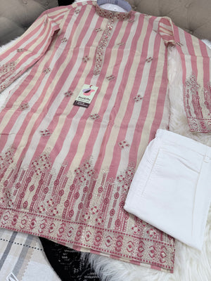 Men’s Dusty Rose Pink & Ivory Striped Embroidered Kurta Pajama Set | Wedding & Festive Indian Ethnic Wear, KP - 4038