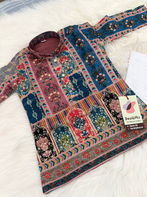 Maroon & Blue Multishade Boys’ Rayon with Sequins and Cotton Linen, Designer Dress with Print – BOY-2019