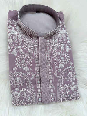 Lavender Shade Trendy Kurta Pajama for Men with Intricate White Embroidery, Wedding & Festive Indian Outfit, KP-1417