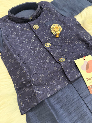 3 Piece Boy's Cotton Silk Kurta Dress with Embroidered Sequins Jacket and Pajama, Blue Shade- Design B-1588