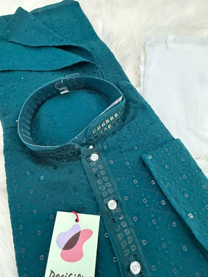 Teal Shade Chikankari Embroidery with Sequins 2 Piece Viscose Rayon Kurta Pajama Set, Indian Partywear Kurta SetKP-1979