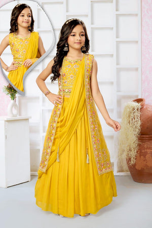 Yellow Shade Lehnga Choli in Sari Style, Half Sari, , Indian traditional festive outfit for Princess, Girl Design GRL - 1943