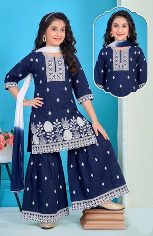 Girls Navy Blue Embroidered Sharara Suit Set with Dupatta, White Thread Work Ethnic Outfit for Kids, Party & Festival Wear, GRL-3001