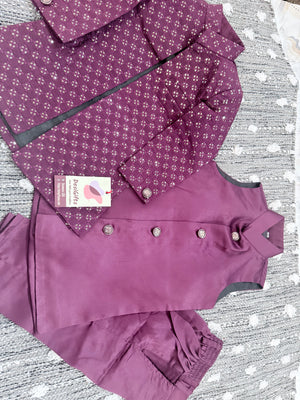 Boy's Purple Shade Cotton Silk 3 Piece Indo Western Outfit,  Embroidered  Sequins Long Jacket with  Pant, Boy's Sherwani Dress - B-3053