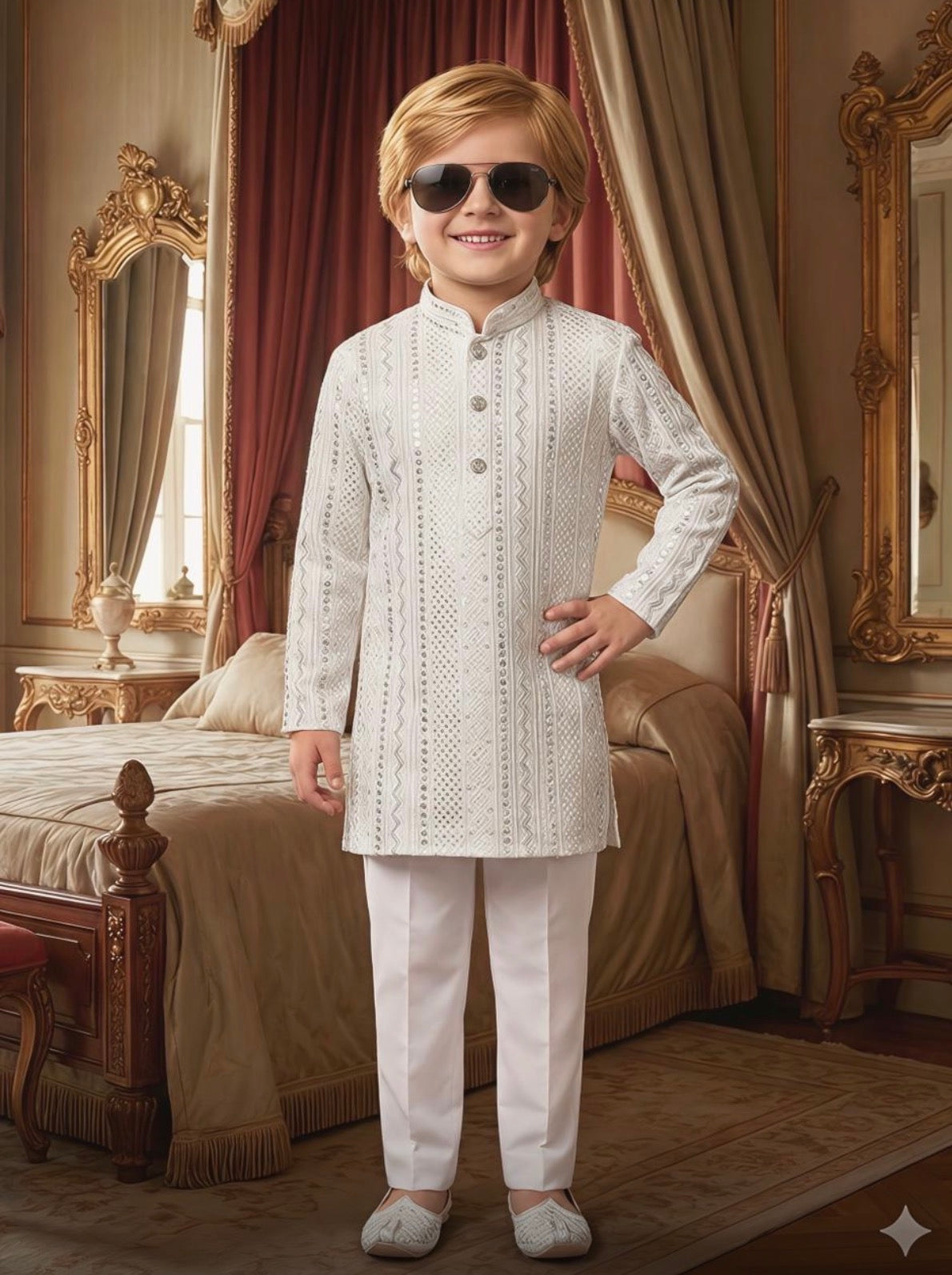 Boys’ Rayon Embroidery White Kurta Pajama Set with Sequins Work, Designer Ethnic Outfit for Kids Festive and Wedding Wear – BOY-2086