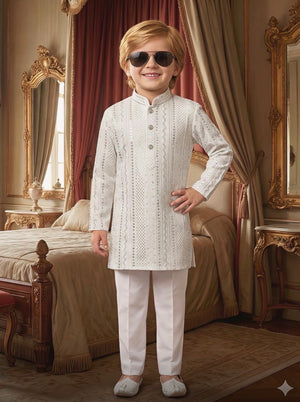 Boys’ Rayon Embroidery White Kurta Pajama Set with Sequins Work, Designer Ethnic Outfit for Kids Festive and Wedding Wear – BOY-2086