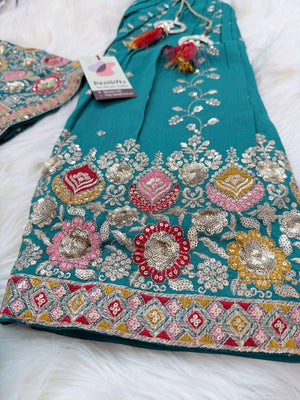 Girls Peacock Blue Zari Embroidered Lehenga Choli Set with Dupatta, Traditional Indian Ethnic Wear for Kids, Wedding & Festival Outfit, GRL-3071