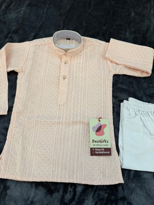 Pastel Peach Shade Chikankari Rayon with Sequins 2 Piece Kurta Pajama Set, Father & Son's Outfit, DM -1807