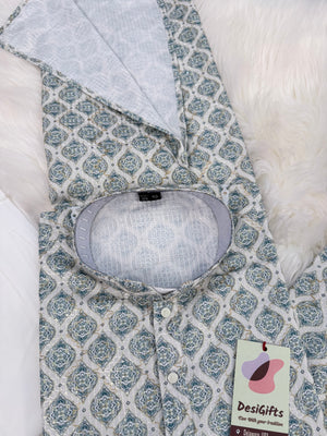 Teal Shade 2-Piece Kurta Pajama Set – Father & Son Outfit | Premium Cotton Jacquard with Zari & Sequin Detailing, DM-2044