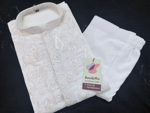 Men’s White Embroidered Kurta Pajama Set with Sequin Accents | Chikankari-Style Wedding & Festive Indian Outfit, KP- 3058