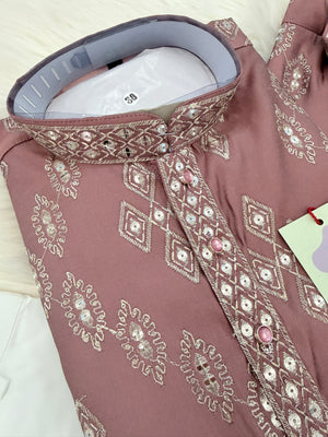 Father & Son Matching Dusty Rose Kurta Pajama Set | Silver Zari-Style Embroidery, Sequin Work | Festive Wear, DM -4039