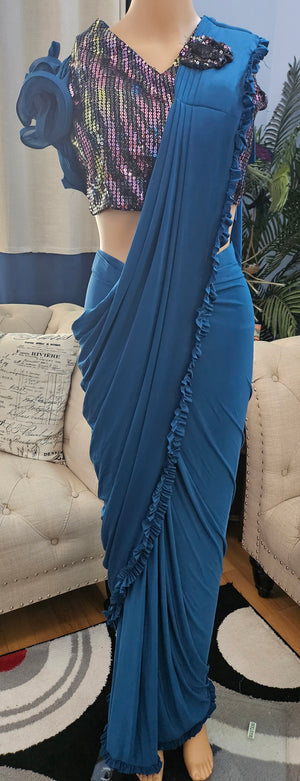 Peacock Blue Shade Readymade Pre-Stitched Saree with Sequence Blouse, Ready to wear Saree, Indian Ethnic Sari, GRL - 1315