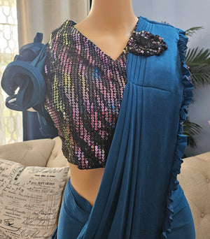 Peacock Blue Shade Readymade Pre-Stitched Saree with Sequence Blouse, Ready to wear Saree, Indian Ethnic Sari, GRL - 1315