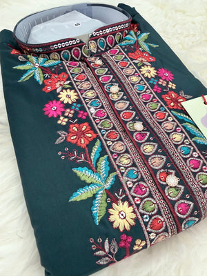 Graceful Navy Blue Embroidered Soft Silk Kurta Pajama Set for for Man, Festive Wedding Kurta Pajama with Dupatta , KP - 2035