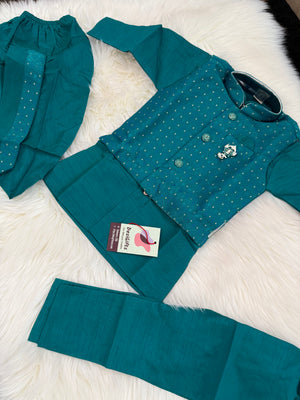 Boys Teal Green Kurta Set with Textured Jacket, Dhoti & Pajama Options – Festive Ethnic Wear,- Design B-2024
