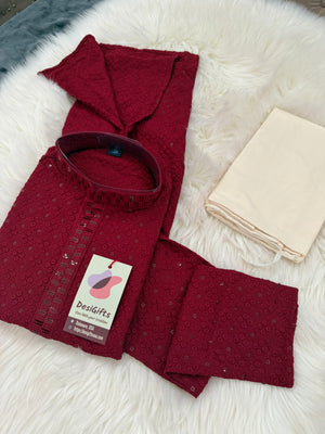 Pre-Teen and Teen Boy's Chikankari Embroidered Rayon Kurta Pajama with Sequins , Maroon Shade, - BOY-1910