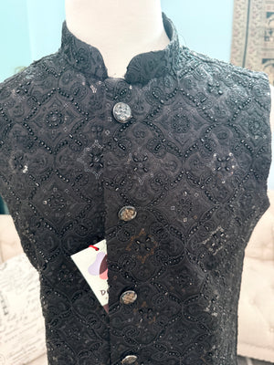 Premium Black Heavy Embroidered Jacket for Men – Sequin & Thread Work Wedding Waistcoat J - 3035