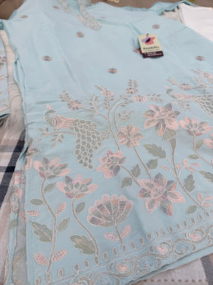 Men’s SkyBlue Shorter Kurta with Parallel Pants | Floral Embroidery Kurta Pajama Set | Indo-Western Wedding & Festive Kurta Set, KP - 4065