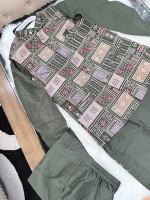 Stylish Men’s 3-Piece Olive Green Shade Kurta Pajama Set with Embroidered Sequins Jacket, Silk Ethnic Wear for Wedding & Festive, KPJ-2034