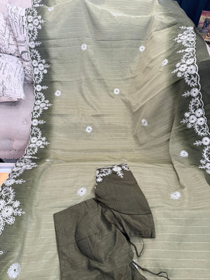 Soft Silk Blend Saree with White Floral Embroidery, Elegant Indian Wedding & Festive Saree with Stitched Blouse | Fall & Pico Done | Wedding, Festive & Party Wear, S- 3092