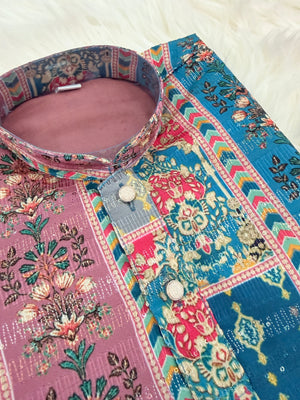 Maroon & Blue Multishade Boys’ Rayon with Sequins and Cotton Linen, Designer Dress with Print – BOY-2019