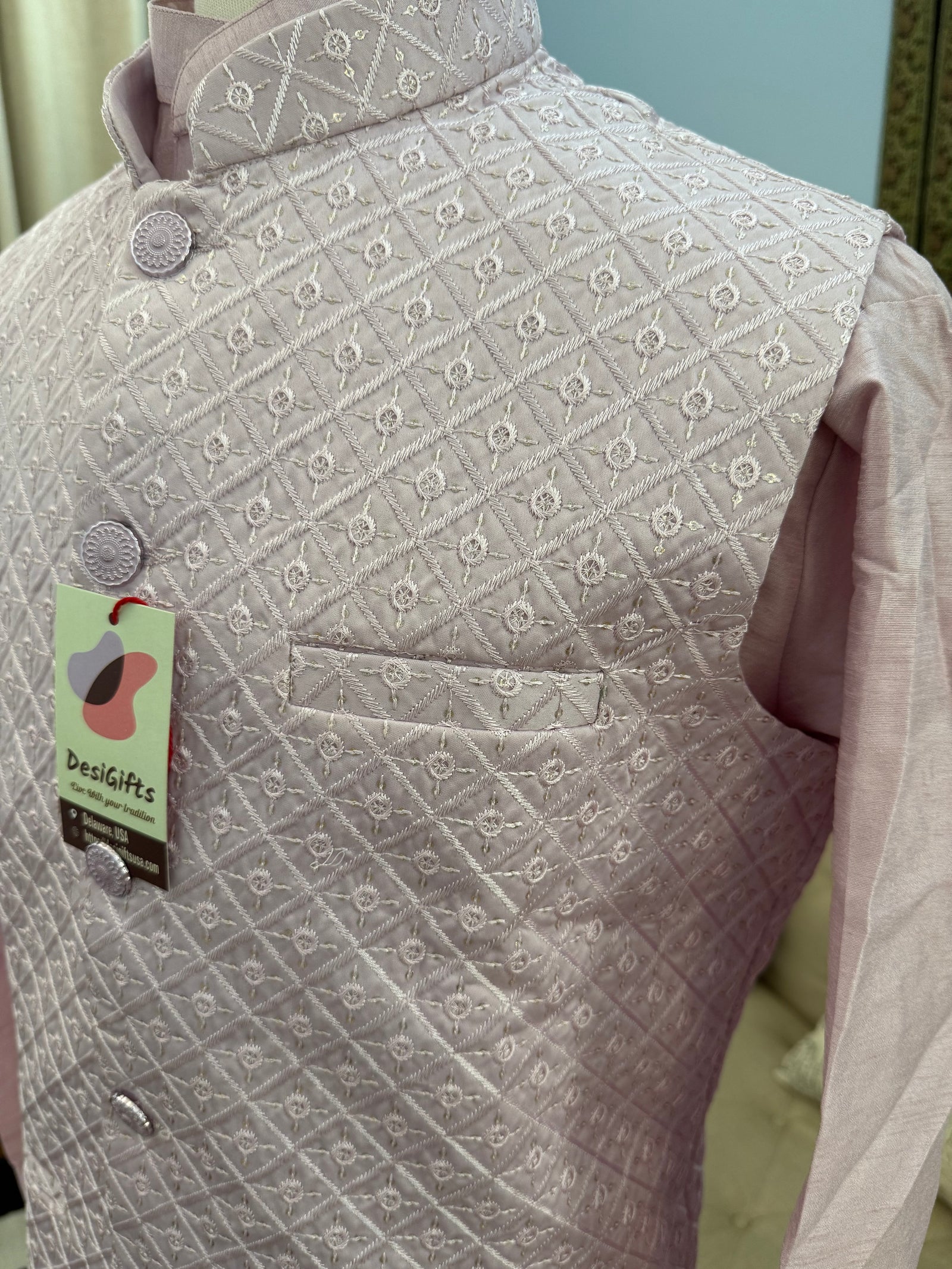 Light Purple Shade 3 Piece Kurta Pajama, Pant Style, with Embroidered Sequins Jacket Set-Silk Fabric, JKP- 1922