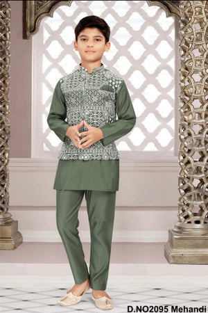 Boys Green Kurta Set with Embroidered Jacket and Pajama – Festive Ethnic Wear,- Design B-2028