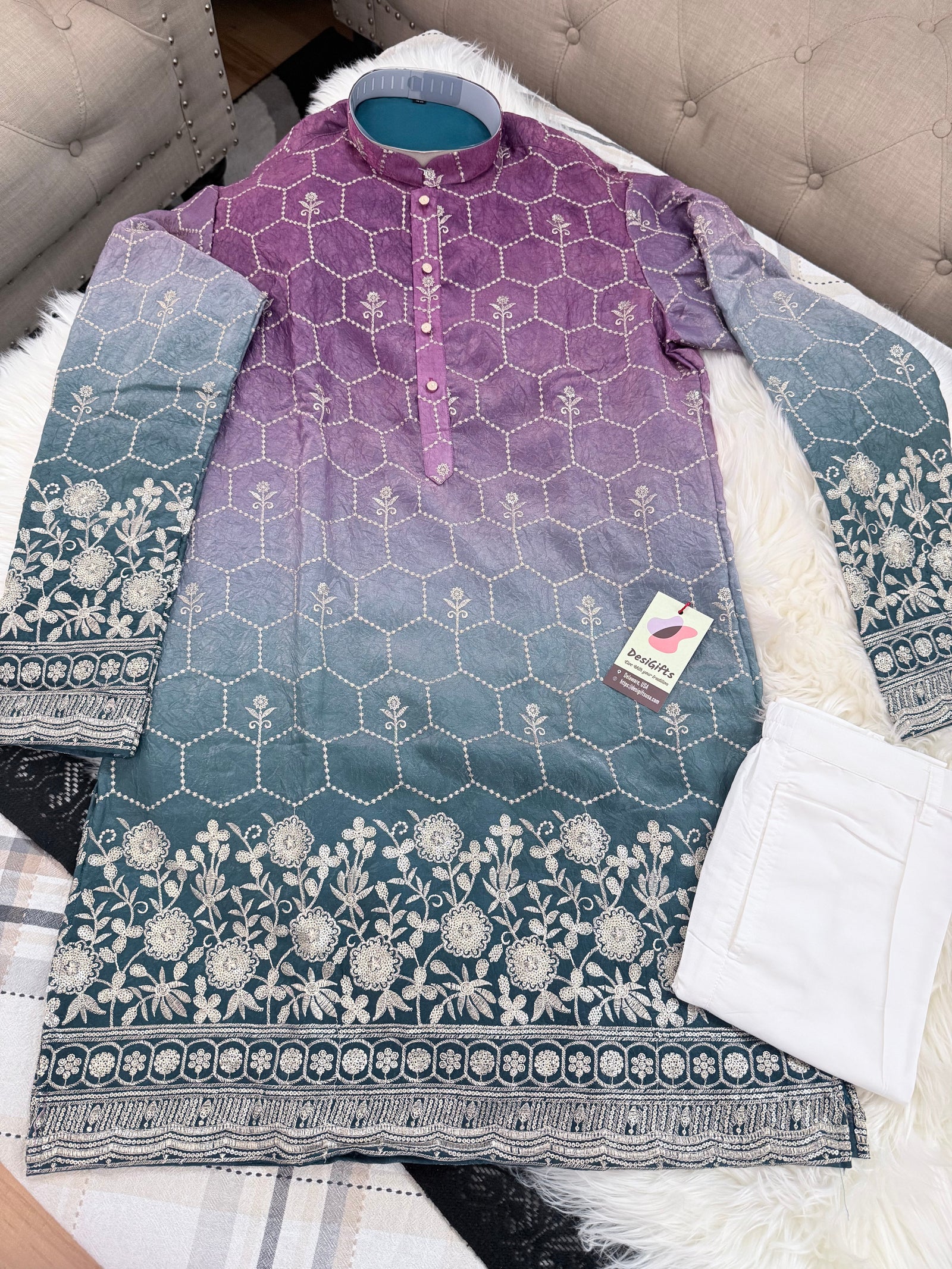 Men’s Purple to Teal Ombre Embroidered Kurta Pajama Set |Wedding & Festive Indian Ethnic Wear, KP - 4041
