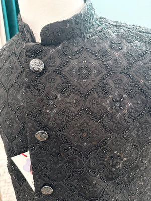 Premium Black Heavy Embroidered Jacket for Men – Sequin & Thread Work Wedding Waistcoat J - 3035