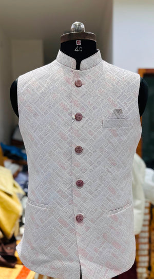 Men’s Pastel Pink Nehru Jacket – Self Woven Silk Indian Sadri, Festive Wedding Waistcoat, Ethnic Modi Jacket for Men, J-3073