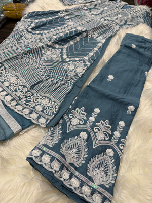 Heavy Chikankari Embroidery 3-Piece Indian Outfit for Girls – Trendy Ethnic Style, Design G- 1942