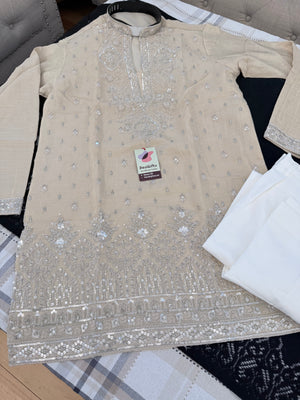 Men’s Champagne Beige Embroidered Kurta with with Parallel Pants | Textured Silk Blend Wedding Kurta Pajama Set | Festive Indian Ethnic Wear, KP - 4046