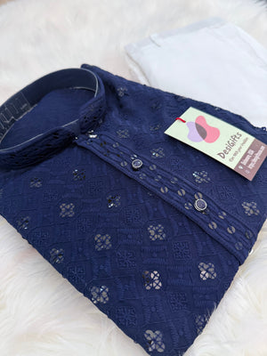 Men’s Blue Rayon Kurta Pajama Set with Chikankari Embroidery and Sequin Accents, Indian Kurta set, KP - 1980