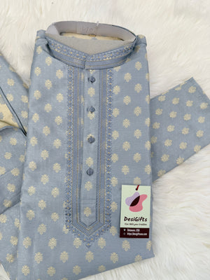 Men's Gray Jacquard Silk Kurta Pajama Set | Gold Floral Motifs | Indian Wedding, Eid & Diwali Festive Wear, KP-4086