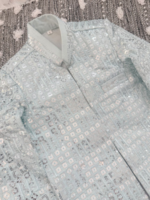 Boy's GreenSky blue Shade Cotton Silk 3 Piece Indo Western Outfit,  Embroidered  Sequins Long Jacket with Pant , Boy's Sherwani Dress - B-3052
