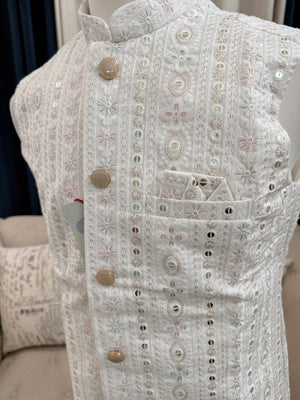 Festive White Ethnic Jacket for Men – Pastel Thread Embroidery with Sequins – Heavy Thread Work Wedding Waistcoat | J-3032