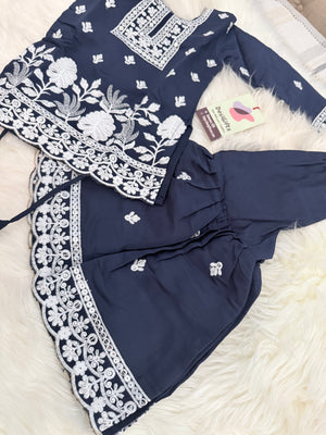 Girls Navy Blue Embroidered Sharara Suit Set with Dupatta, White Thread Work Ethnic Outfit for Kids, Party & Festival Wear, GRL-3001